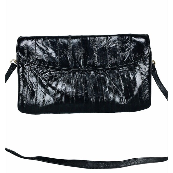 Vintage 70s Black Eel Skin Shoulder Envelope Clutch Bag Handbag Purse - Picture 1 of 6